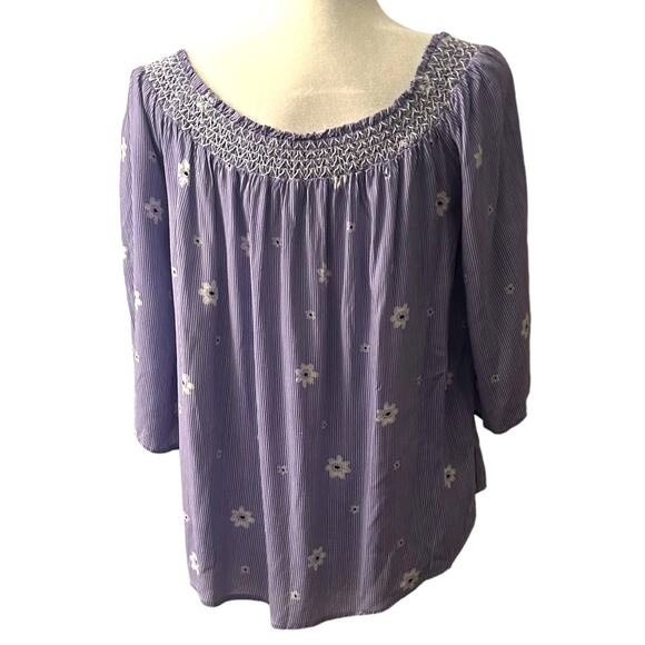 Hem & Thread Blue White Strip Boho Top Blouse Daisies Smocking M - Picture 3 of 6